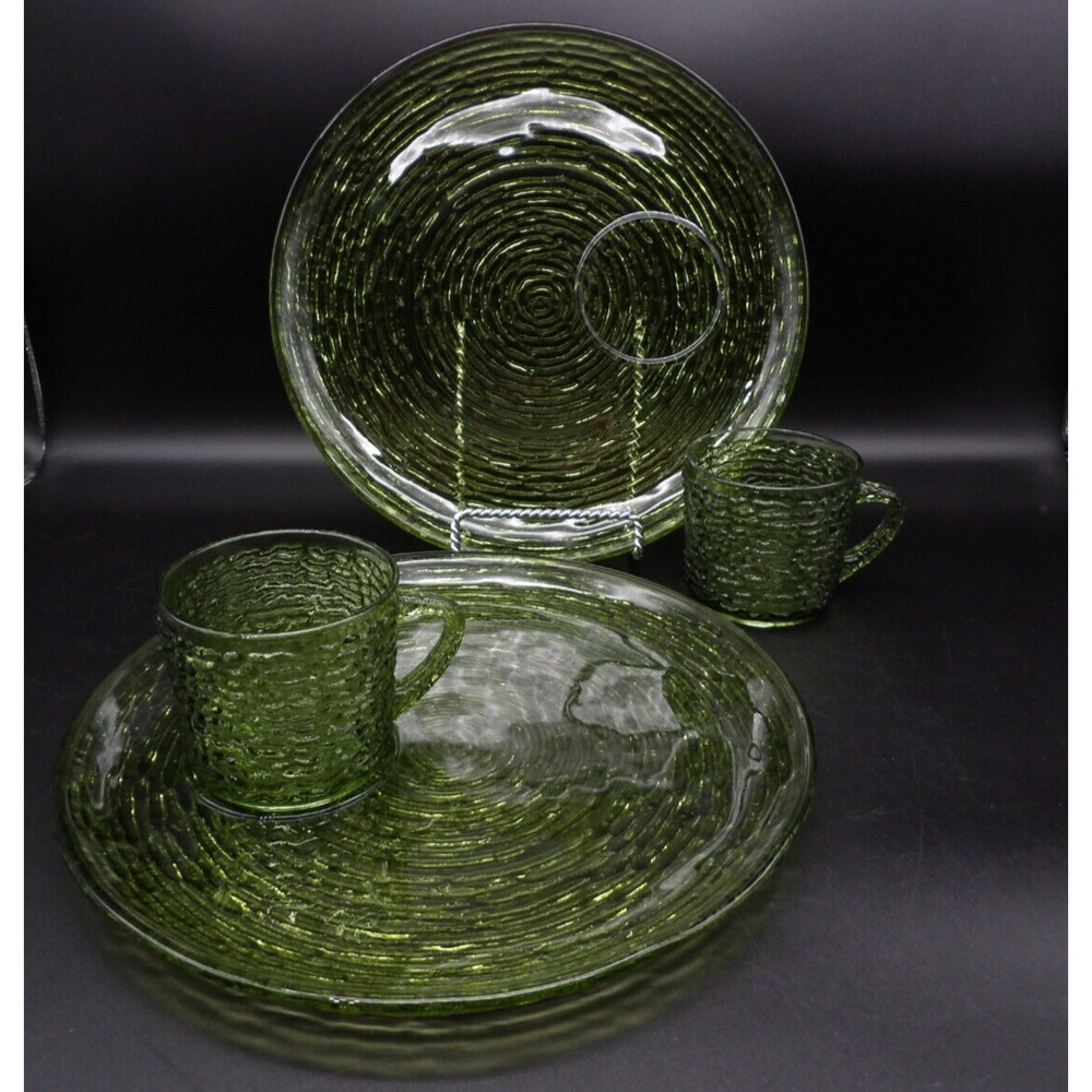 Vintage Anchor Hocking Soreno Avocado Green Snack Sets (Lot of 2)